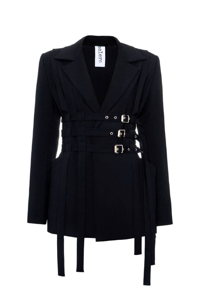 A black wool jacket with three vertical bands with buckles, notched lapel, and long sleeves.