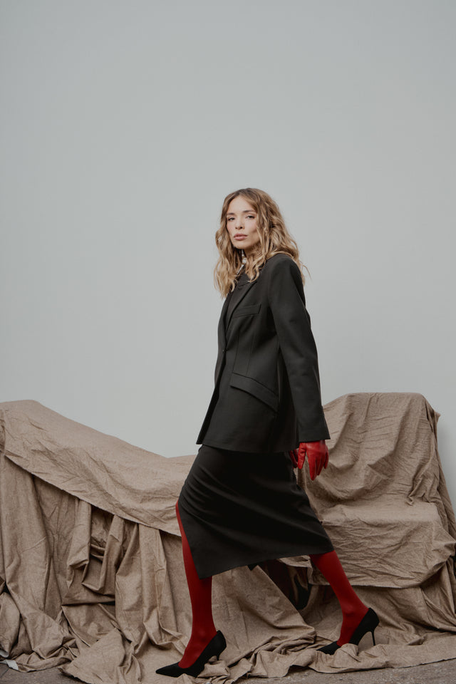 Black Tailored Wool Midi Skirt