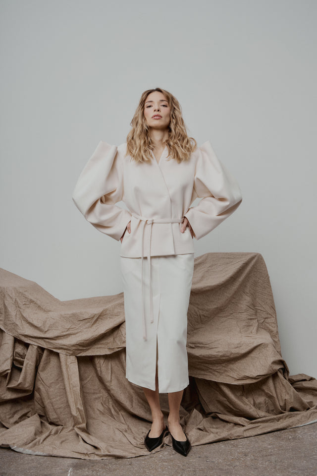Ivory Tailored Wool Midi Skirt