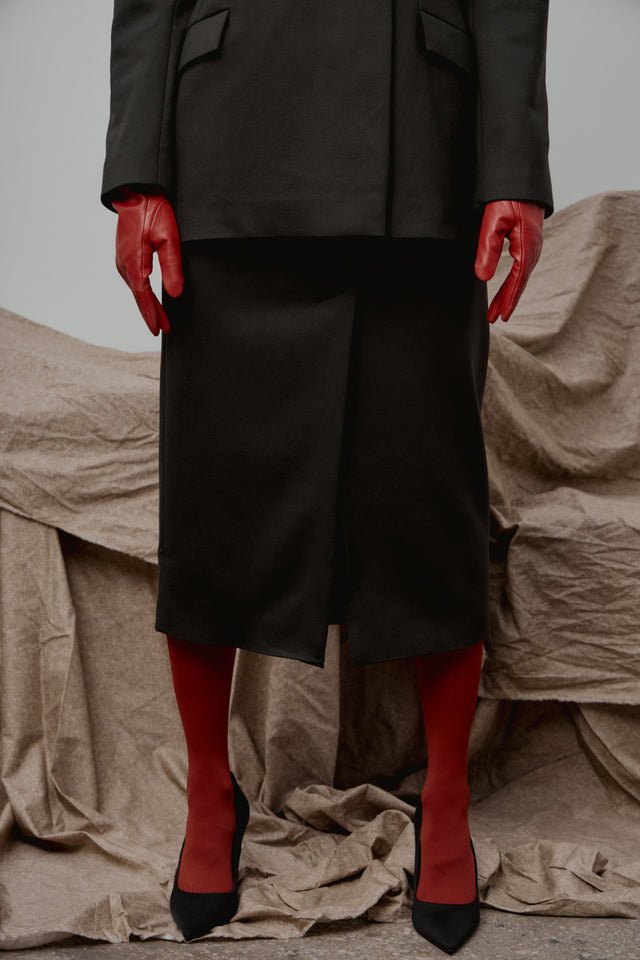Black Tailored Wool Midi Skirt