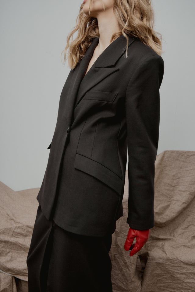 Black Tailored Wool Midi Skirt