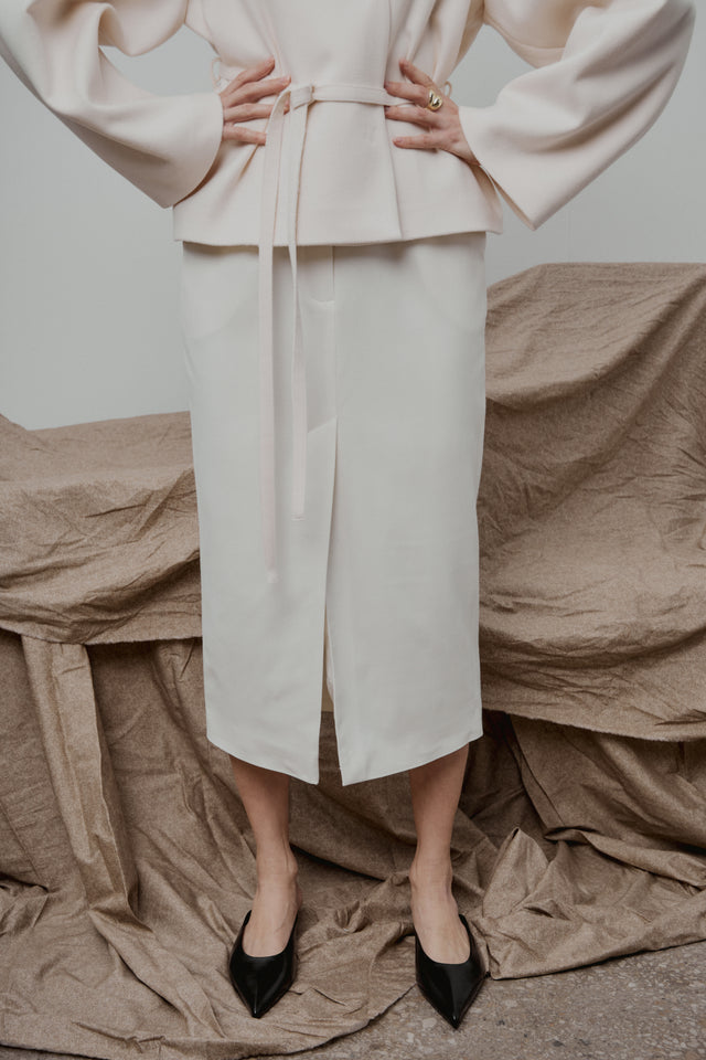 Ivory Tailored Wool Midi Skirt
