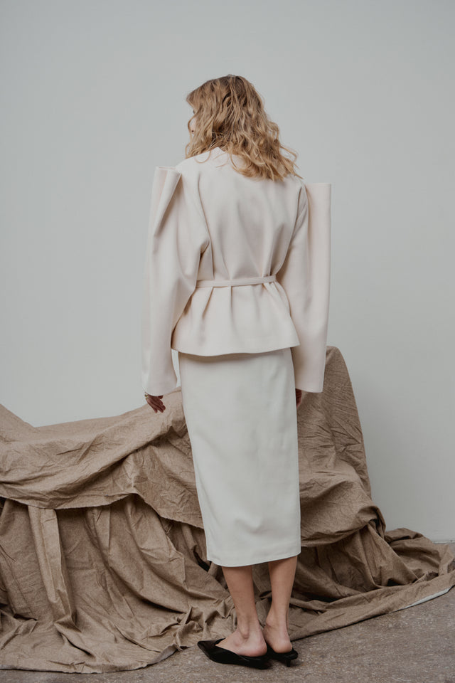 Ivory Tailored Wool Midi Skirt