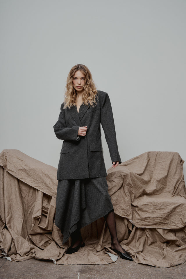 Grey Perforated Wool Asymmetrical Skirt