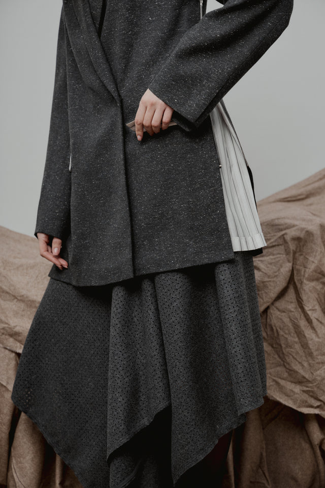 Grey Perforated Wool Asymmetrical Skirt