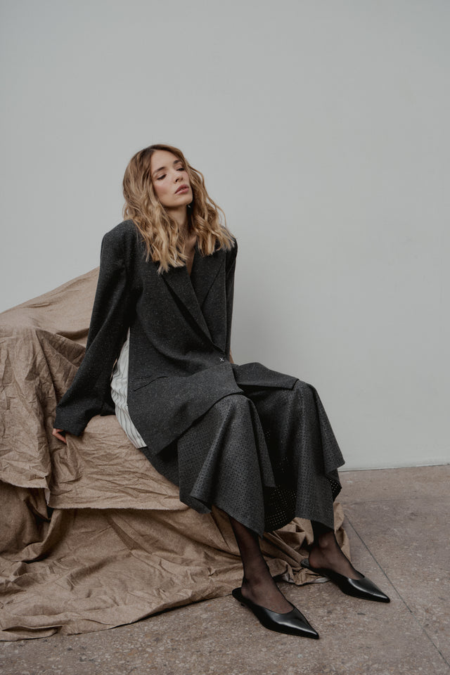 Grey Perforated Wool Asymmetrical Skirt