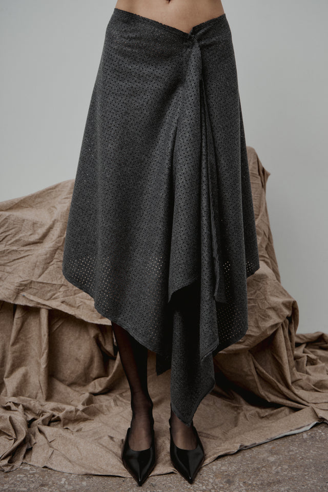 Grey Perforated Wool Asymmetrical Skirt