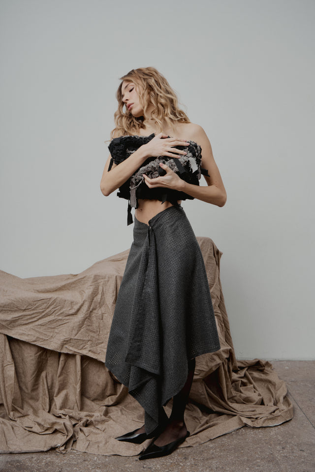 Grey Perforated Wool Asymmetrical Skirt