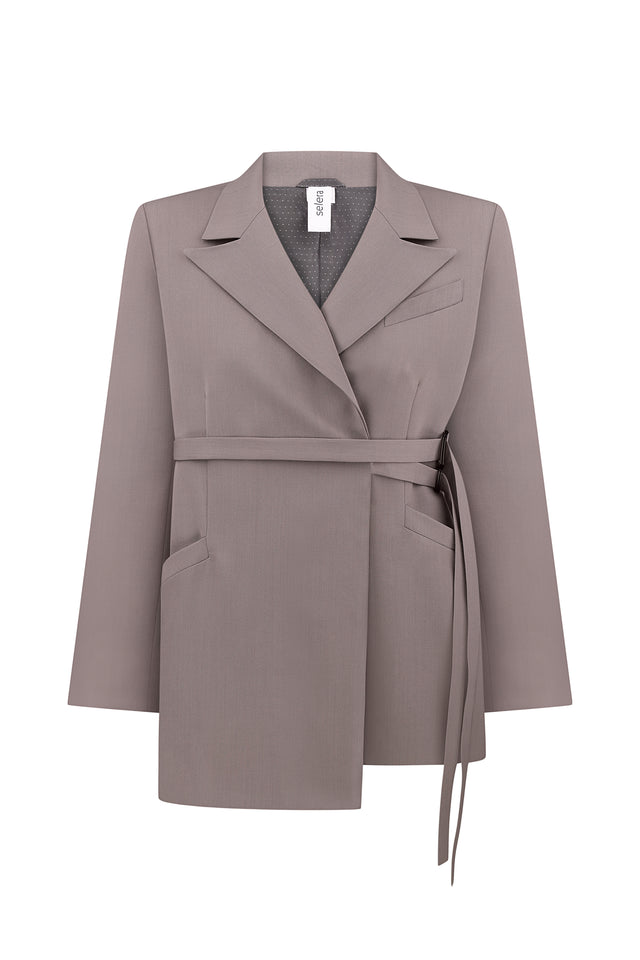 A gray woolen jacket with two belts, a collar, and a front pocket, displayed on a hanger.