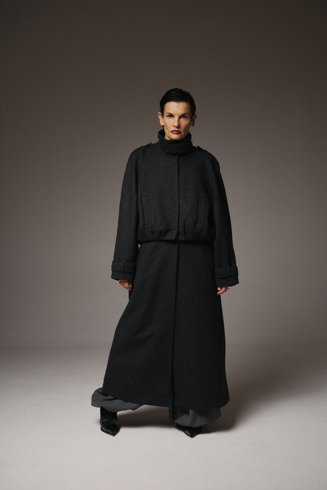 This Transformable Wool Bomber-Coat redefines versatility with modern tailoring and modular design.