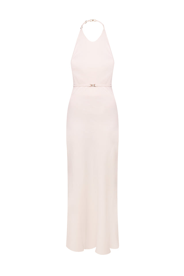 Pink halter neck jumpsuit on a white background