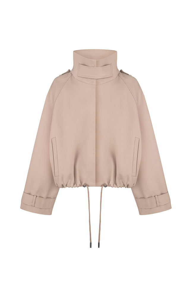 Beige jacket with a high collar on a white background