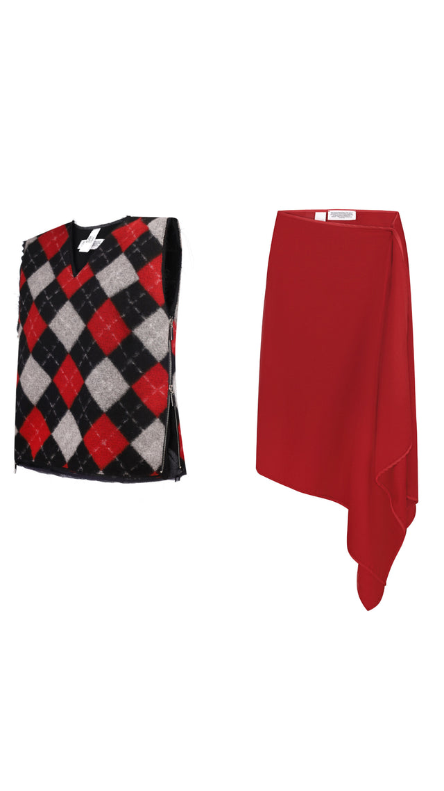 Wollweste + Roter Asymmetrischer Wollrock