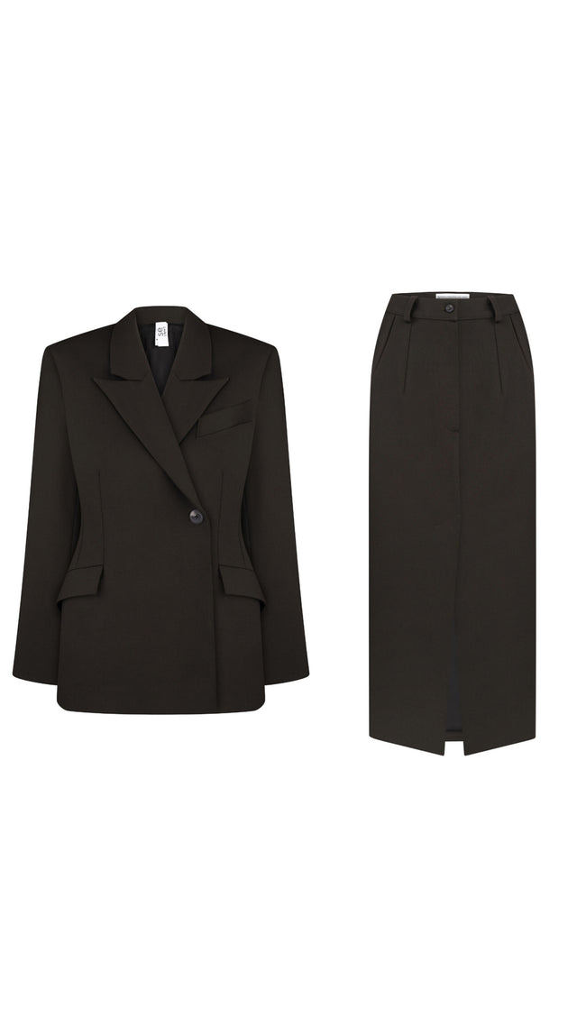 Black Tailored Blazer and Midi Skirt Suit