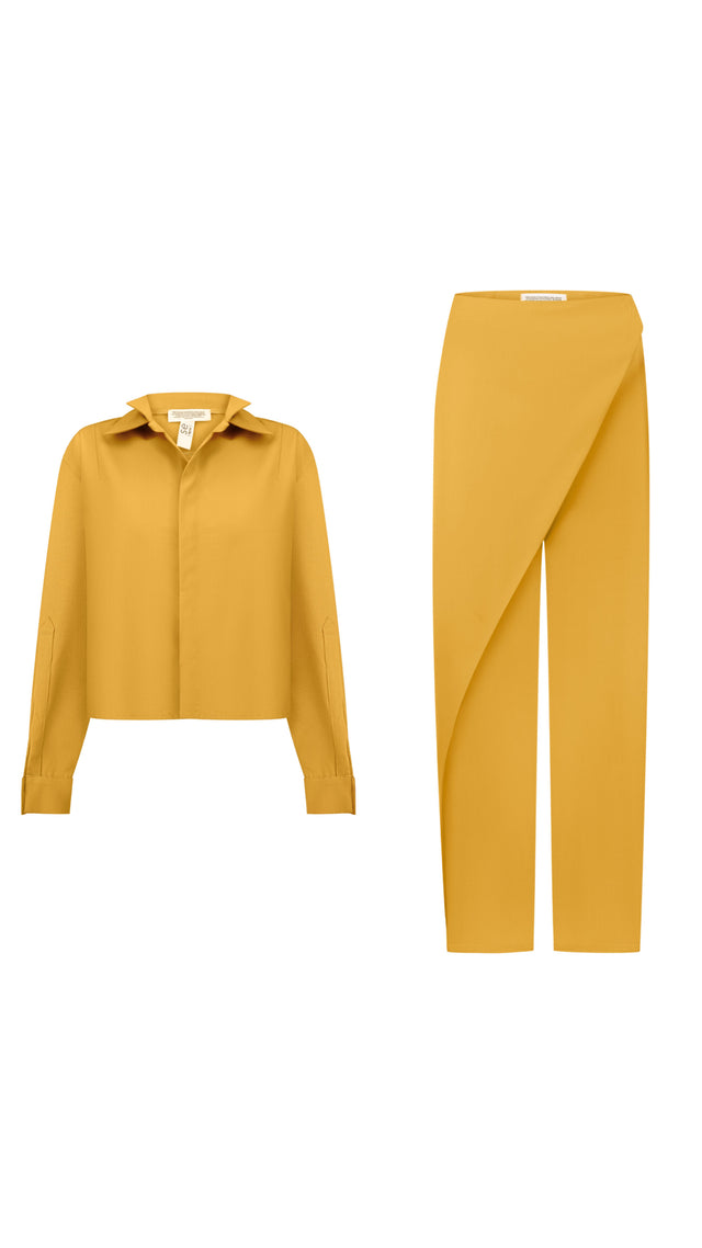 Woll-Wickelhose mit weitem Schnitt + Wollhemd mit Doppelkragen