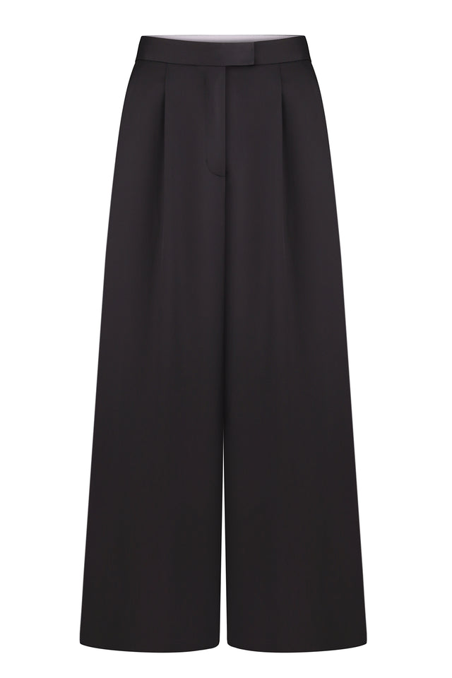 A pair of black woolen wide trousers with pockets and a belt.