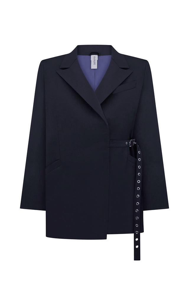 Navy blue woolen jacket with a belt, featuring a mandarin collar, two pockets, and adjustable belt loops.