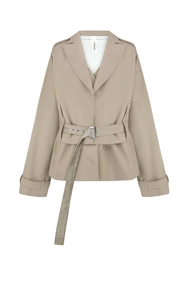 Beige trench coat with a belt on a white background