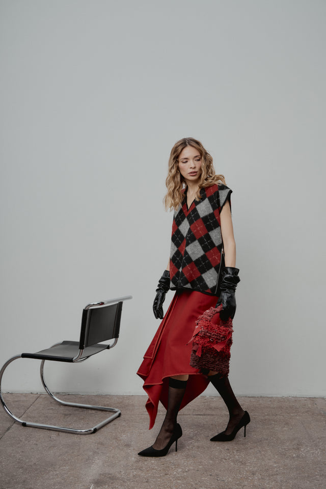 Red Wool Asymmetrical Skirt