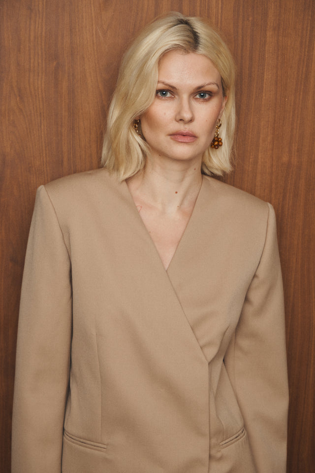 Oversized Collarless Wool Blazer