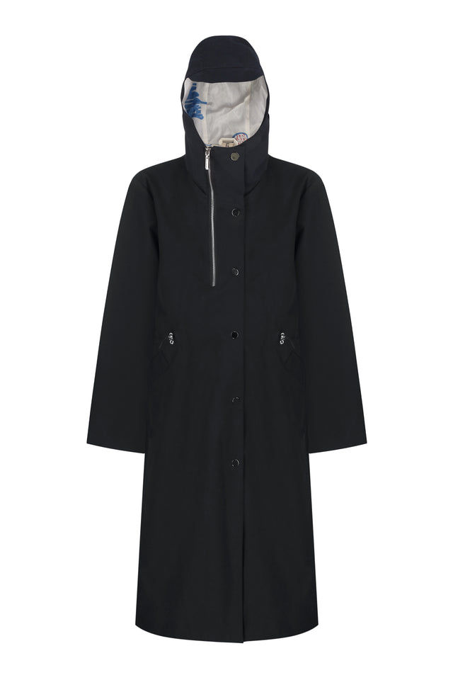 Black raincoat with a hood on a white background