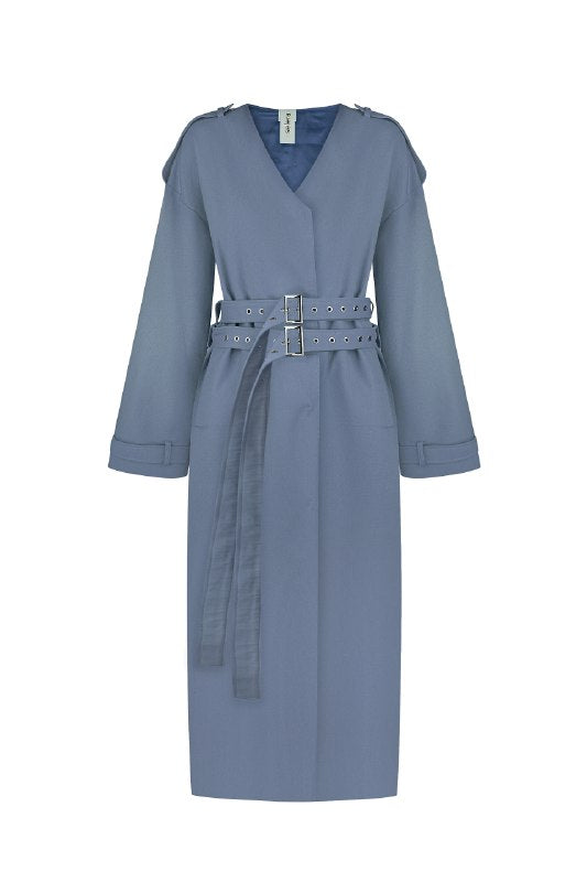 Blue trench coat with a belt on a white background