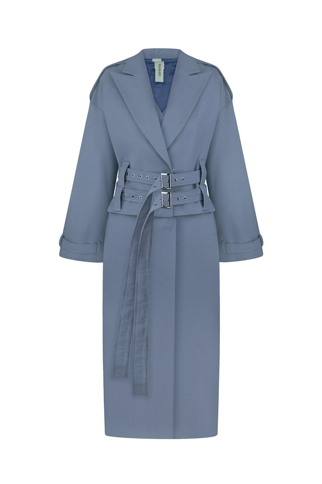 Blue trench coat with a belt on a white background