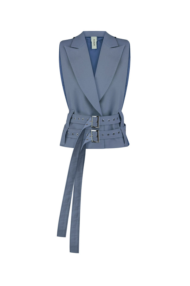 Blue vest with a belt on a white background